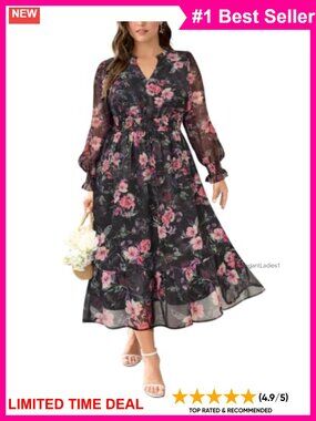 RITERA Plus Size Maxi Dress Ruffled V Neck Puff Sleeve A Line Casual Fall